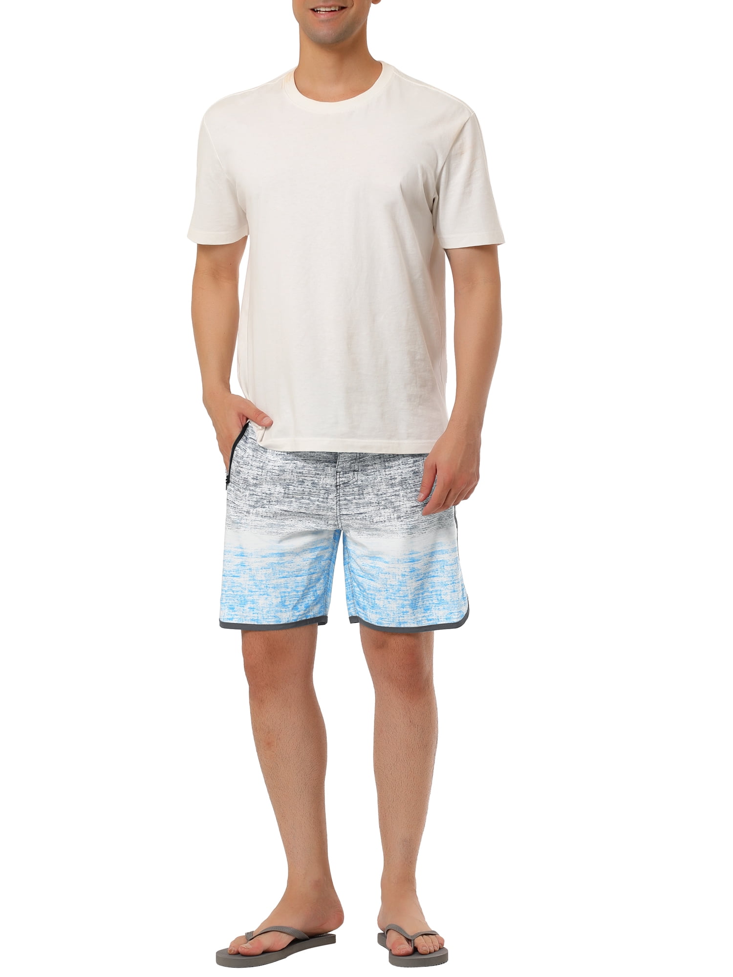Unique Bargains Men's Summer Printed Drawstring Color Block Swim Beach Shorts 36 Gray Blue