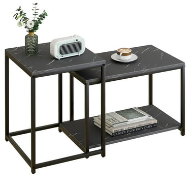 Rectangular Coffee Table - Black, Modern Design for Living Room and Bedroom, Faux Marble Center Table with Storage, Set of 2 Nesting Side Tables