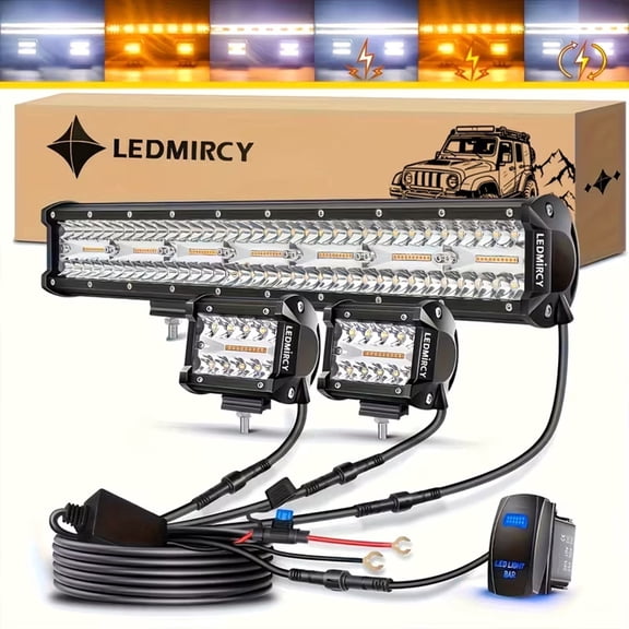 LEDMIRCY 20Inch LED Light Bar and 4Inch LED Pod Lights 6 Modes Strobe White Amber Off Road Lights with Memory Function Spot Flood Combo Dual Color Driving Work Lights for ATV UTV SUV Trucks Pickup