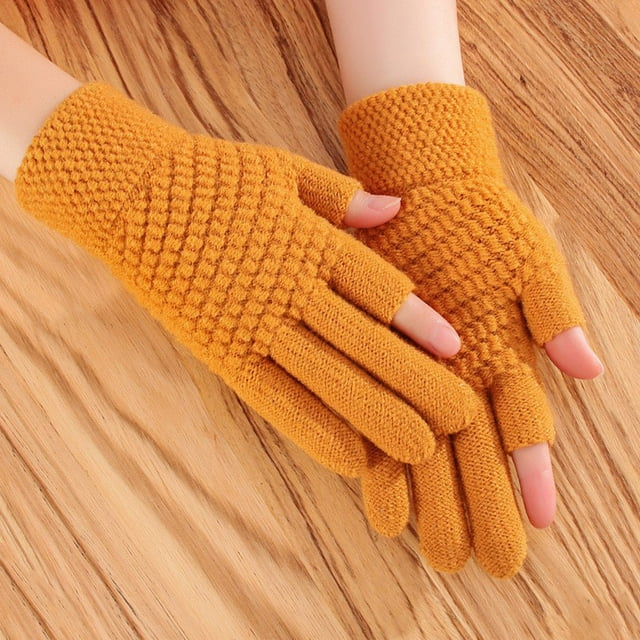 Womens Winter Screen Knit Warm Lining Three Finger Double Touchable Screen Sms Fingertip Design Mittens
