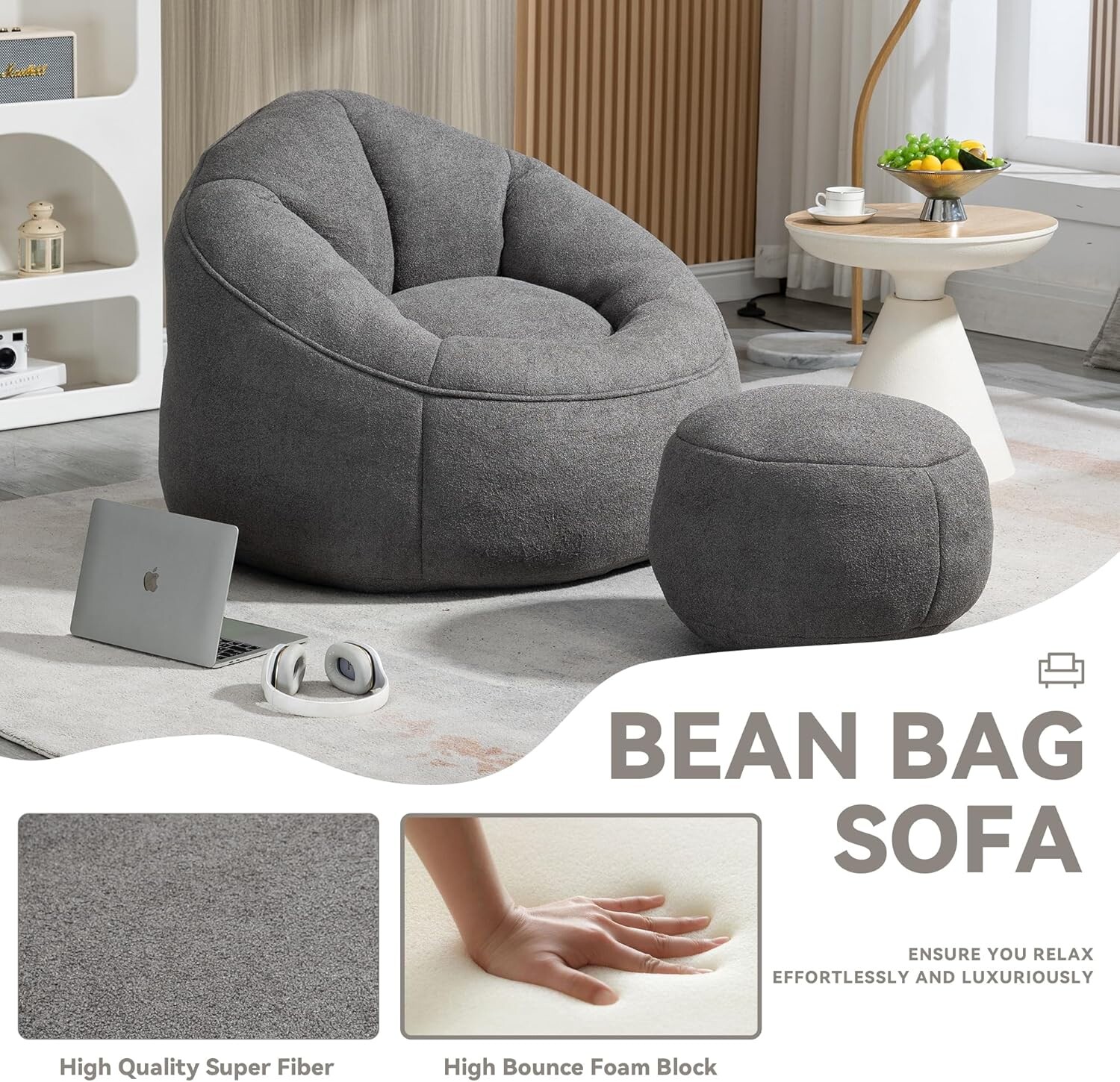 Bean Bag Chair for Adult,Microfiber Upholstered Sofa with Footstool Shell-Shaped Memory Foam Stuffed Lazy Sofa