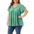 thumbnail image 4 of Agnes Orinda Women's Plus Size Easter Top Ruffle Trim V Neck Short Sleeve Casual Summer Cute Babydoll Blouses 3X Green, 4 of 6