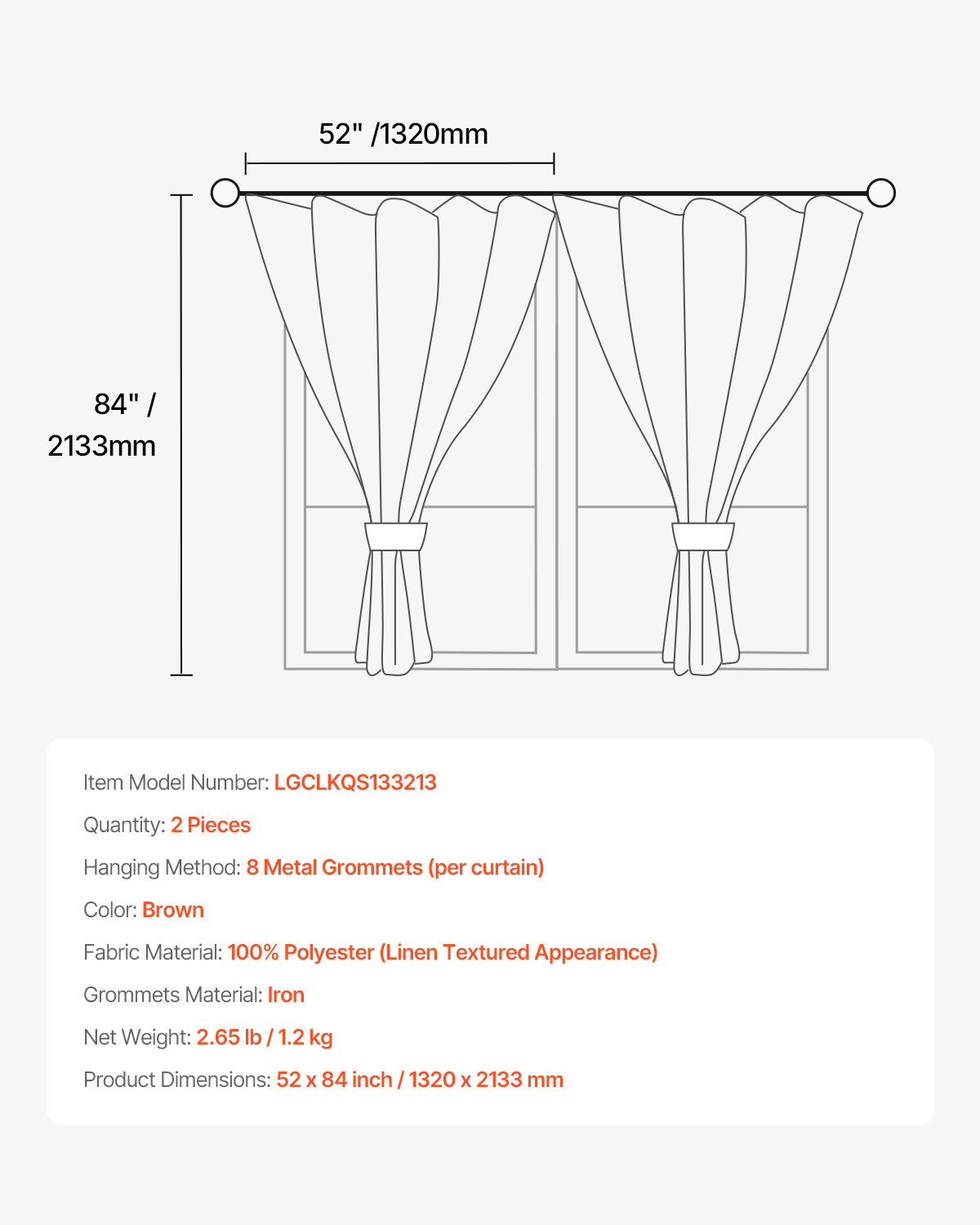 VEVOR Natural Linen Curtains, 52 x 84 inch 2 Panels Set, Grommet Light Filtering Thick Flax Textured Linen Drapes, Privacy Burlap for Living Room, Bedroom, Farmhouse, Sunroom, Office Window Curtain