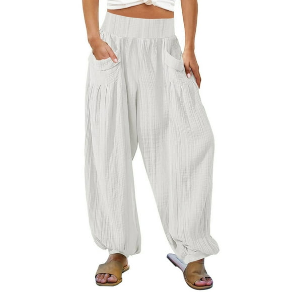Georges Women's Pants Petite Short Women's Casual Elastic High Waist Solid Color A-Line Long Pants with Pocket