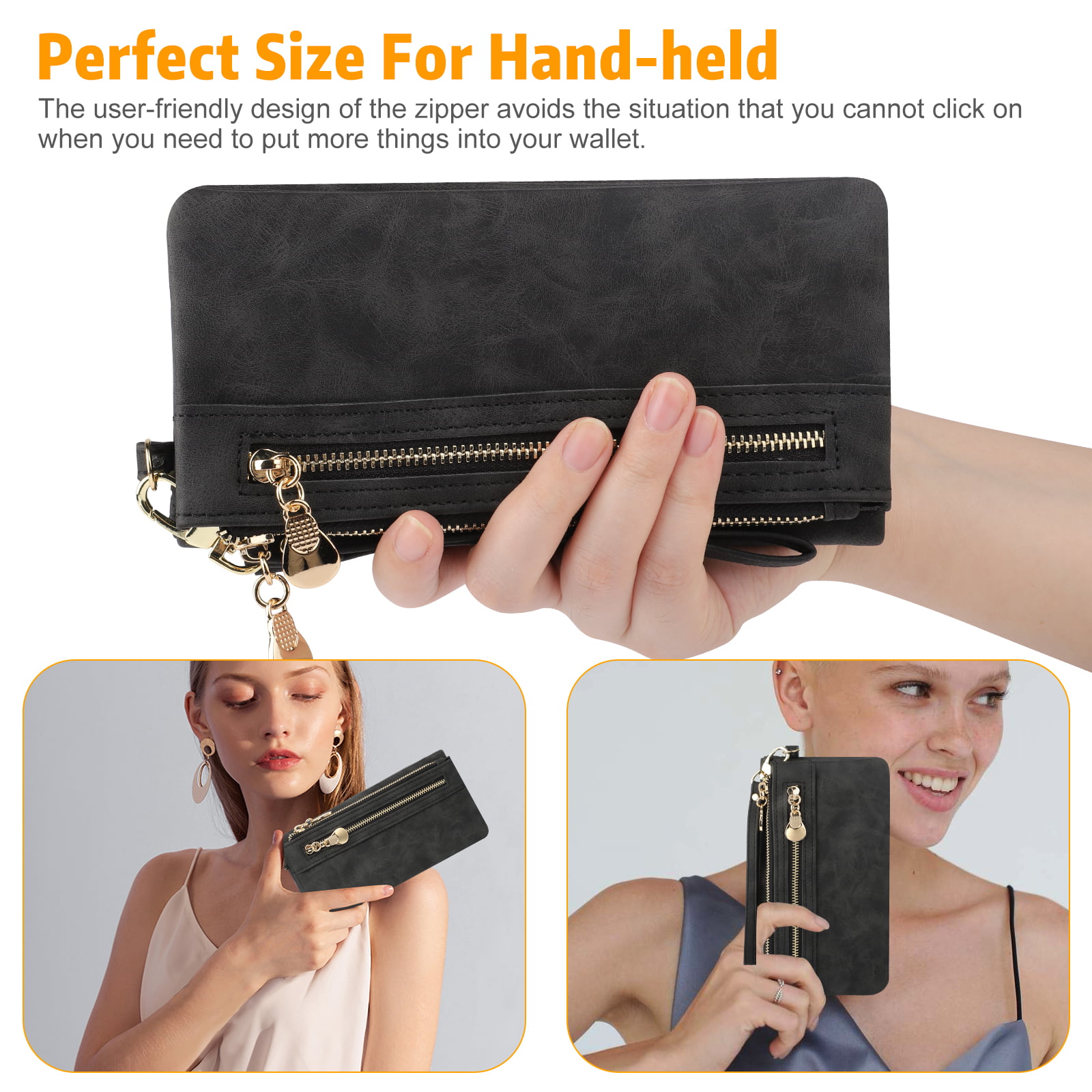 Women's Long Wallet, Large Capacity PU Leather Credit Card Holder Purse  with Wrist Strap, Zipper Closure Elegant Clutch Wallet Handbag Gifts for  Women