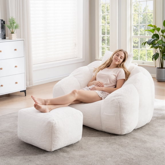 LUXAPA 41" Bean Bag Chair Oversized with Ottoman for Adults, Short Plush Fabric Beanbag Chair, Cozy Lounge Chair for Living Room, Reading Room and Apartment, White