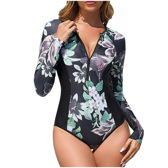 Lopeceal Womens Rash Guard Long Sleeve One Piece Swimsuits Zipper Front with Boy Shorts Swim Shirt Uv Protection UPF 50