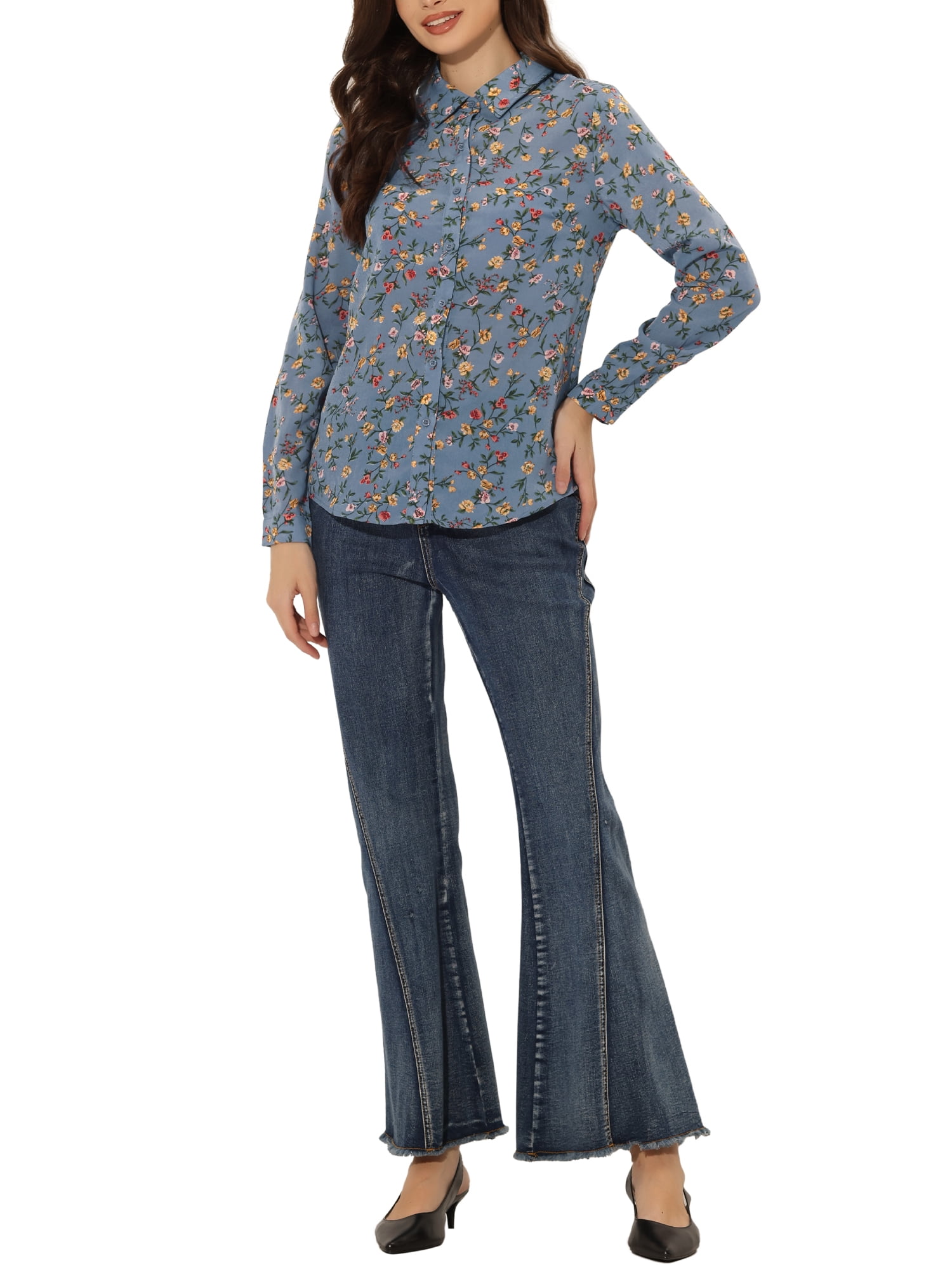 Unique Bargains Women's Long Sleeve Button-Down Ditsy Floral Shirt Top XL Gray Blue