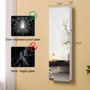 HNEBC LED Mirror Jewelry Cabinet,47.2 Wall Mounted Jewelry Organizer with Full-Length Mirror, Hanging Jewelry Armoire Storage Cabinet,Folding Dresser,2 Drawers,Lockable, 3 Shelves(White)