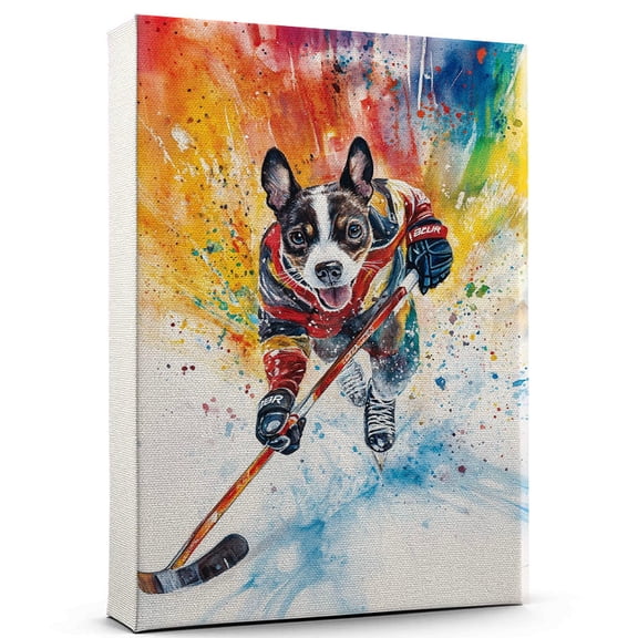 Rat Terrier Dog Playing Ice Hockey Wall Stretched Canvas Size 8x12 Rat Terrier Canvas Art for Dog Lovers, Ice Hockey Canvas Wall Decor