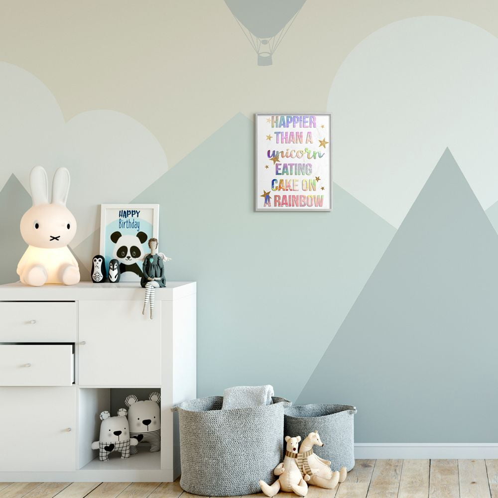 Stupell Industries Happier Than Unicorn Eating Cake on Rainbow Quote Framed Wall Art Design by Daphne Polselli, 11" x 14", Gray Framed