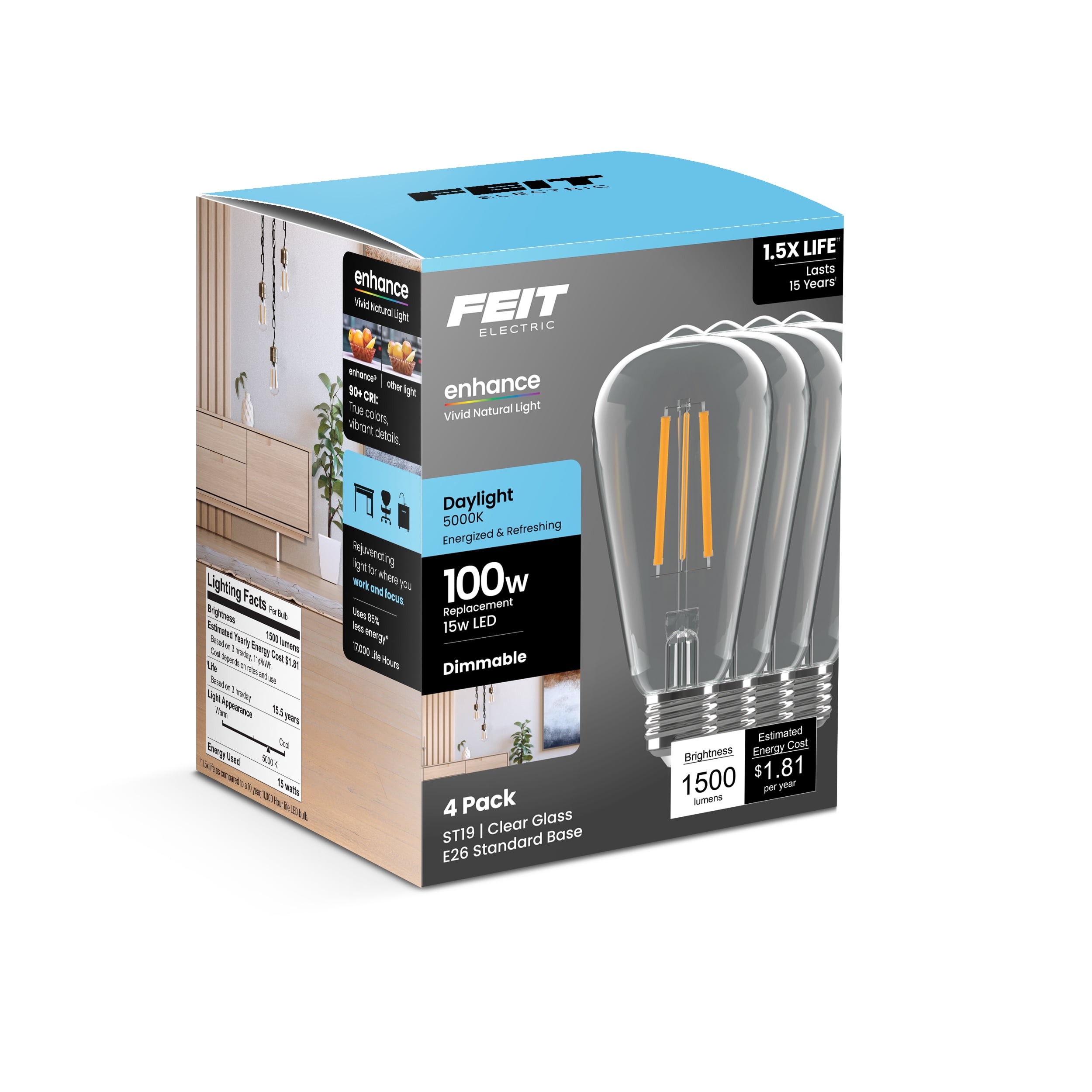 Feit Electric ST19 LED 15W (100W Equivalent) Daylight (5000K), Medium E26 Base, Clear Glass Filament, Dimmable Light Bulb 4 Pack