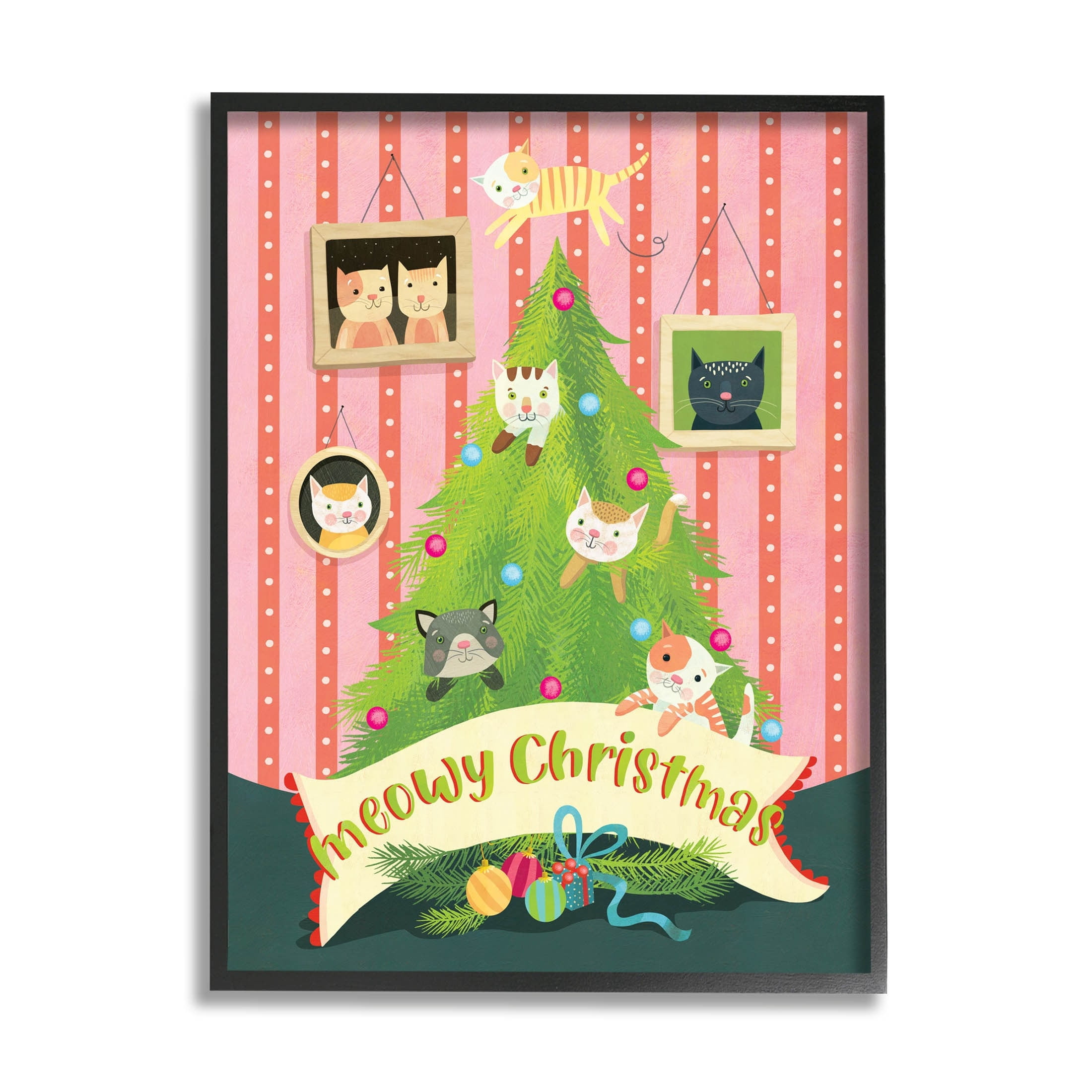 Meowy Christmas Cat Tree Holiday Graphic Art Black Framed Art Print Wall Art