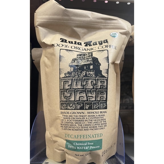 Ruta Maya Coffee Beans DECAFFEINATED. 12 oz bag. 100% Organic coffee. Chemical Free Swiss Water Process. Shade grown.