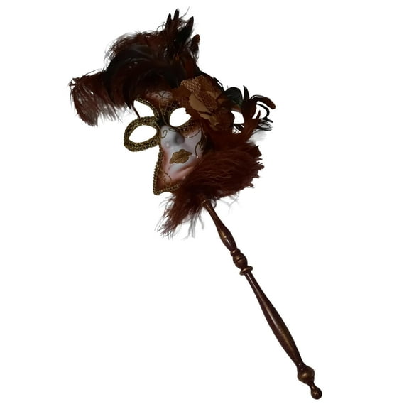 Brown Gold Fancy Feather Flower Stick Masquerade Mardi Gras Mask