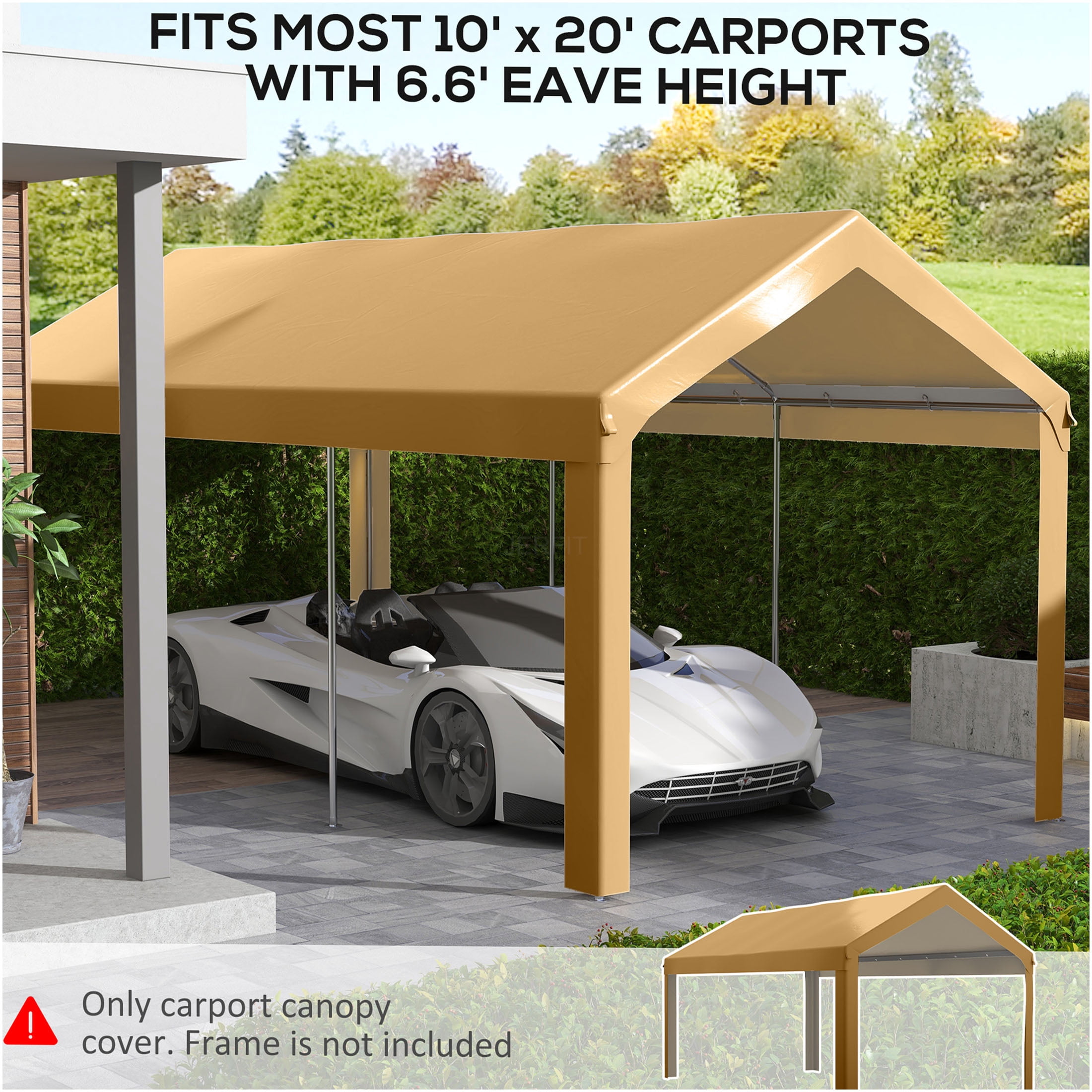 JERFIT 10x20 FT Carport Canopy Replacement Cover, UV & Water Resistant, Heavy-Duty Polyethylene, Beige, with Bungee Cords