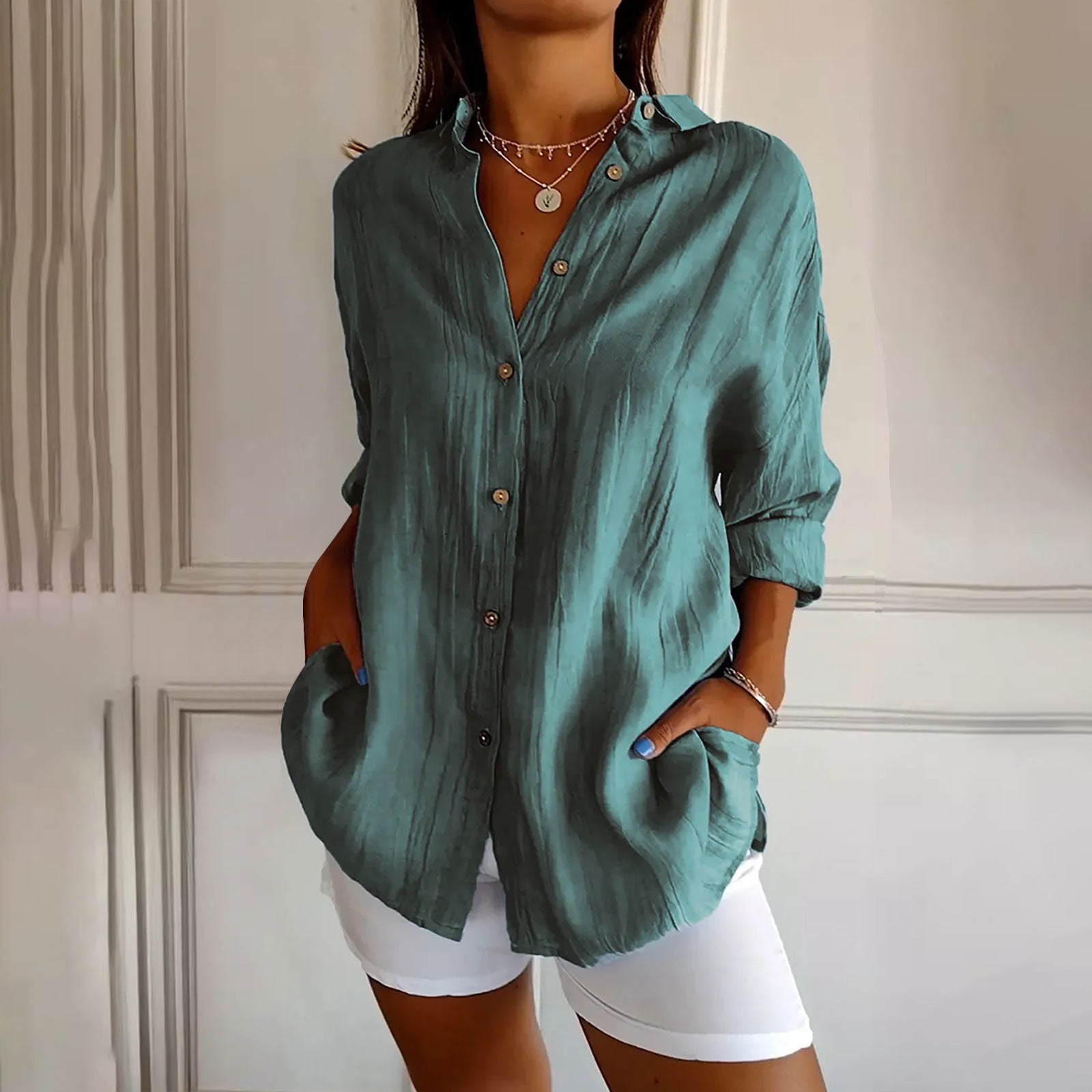 ylioge S-4X Plus Size Shirts for Women 3/4 Sleeve Button-Down Blouses Tops Womens Casual Lightweight Solid Color Collared Work Tshirts Top