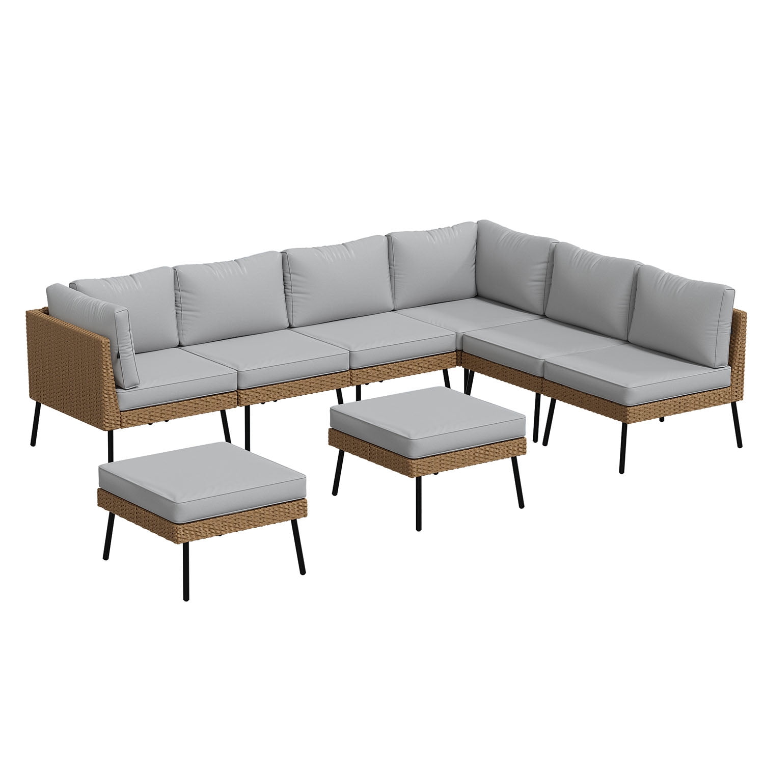 BaPiPro 8-Piece Modular Outdoor PE Rattan Sectional Sofa Set, All Weather Patio Furniture with Removable 4" High Density Cushions & 2 Multifunctional Ottomans for Backyard Garden Courtyard, Gray