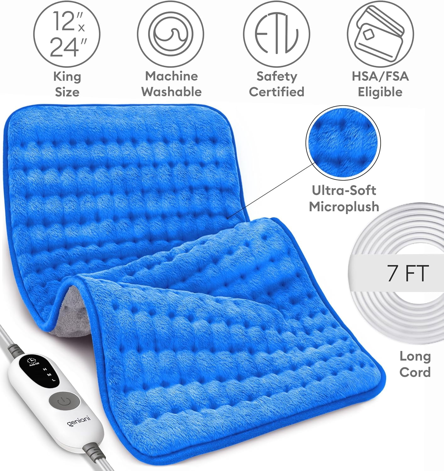 Geniani XL Double-Sided Electric Heating Pad for Back Pain & Cramps Relief – Heat Pad with 6 Heat Settings, Auto Shut Off, Ultra-Soft Machine Washable Fabric for Everyday Comfort (12"×24", Blue)