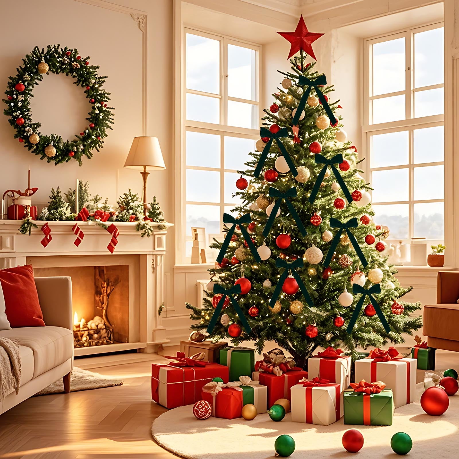 Noeud Rouge Sapin Couronne De Noël, Couronne De Noël, Avec Nœud Et Chardon Coloré, Guirlande De Noël, Pour L'intérieur Et L'extérieur, Décorati[K321] - Maison Noeud Pour Sapin De Noel