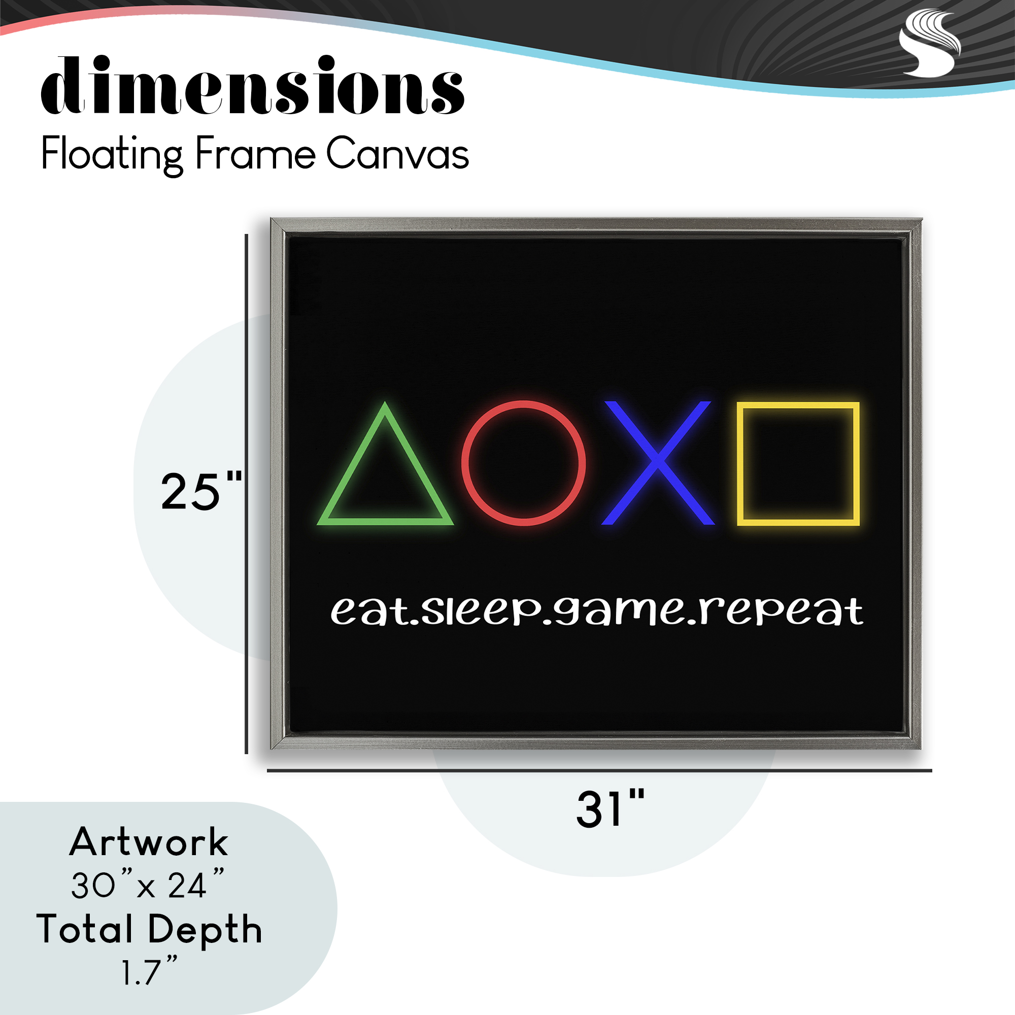Neon Gaming Symbols & Words Gray Framed Floater Canvas Wall Art, design by Christine Simpson Art