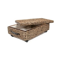 happimess BSK1006B Chett 26.38" Minimalist Hand-Woven Hyacinth/Wood Underbed Storage Bin with Wheels and Handles, Brown Wash