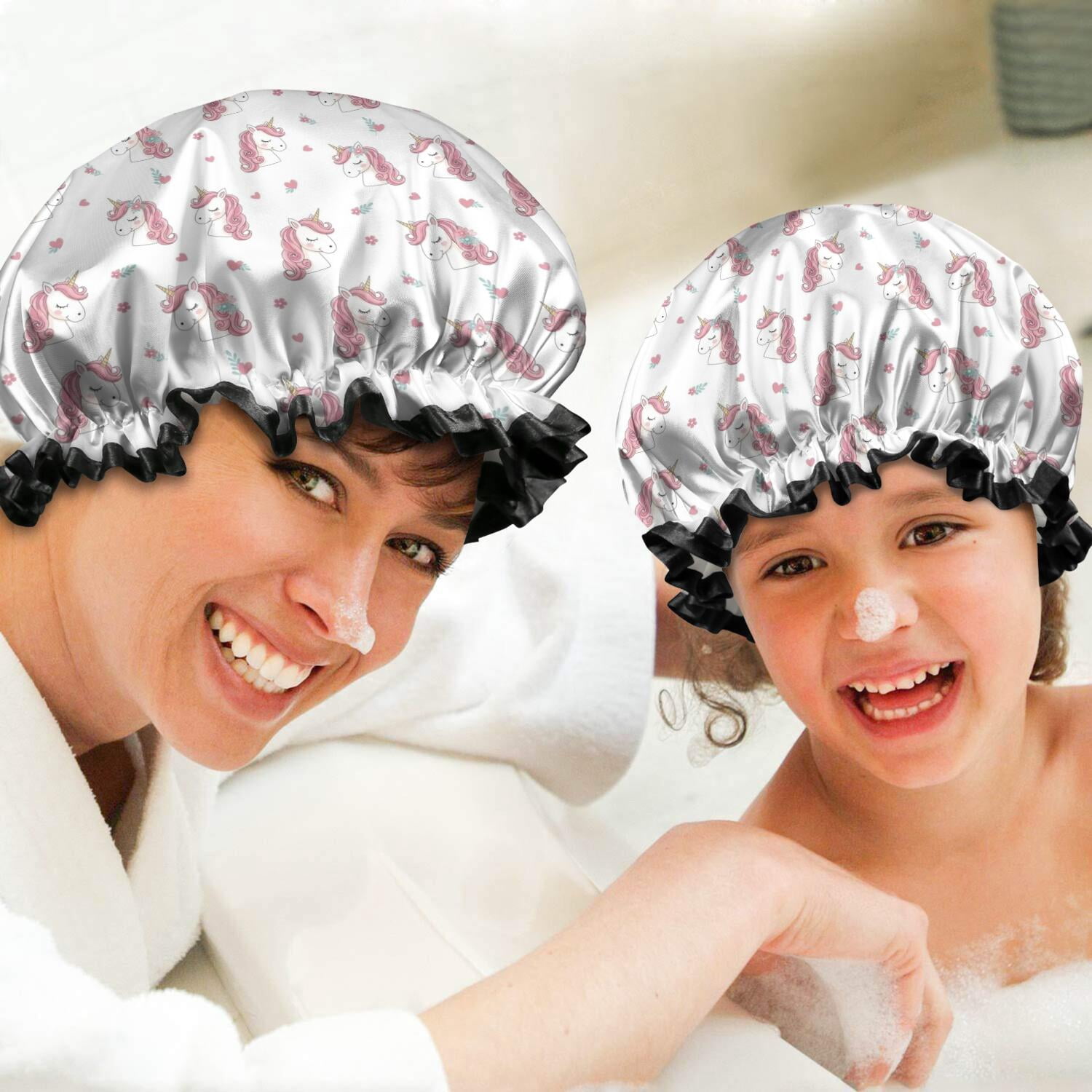 Shower Caps,White Cartoon Unicorn Face Pattern Waterproof Shower Cap for Women 4 Pieces,Double Reusable Hair Cover for Shower PEVA Elastic Stretch Hem