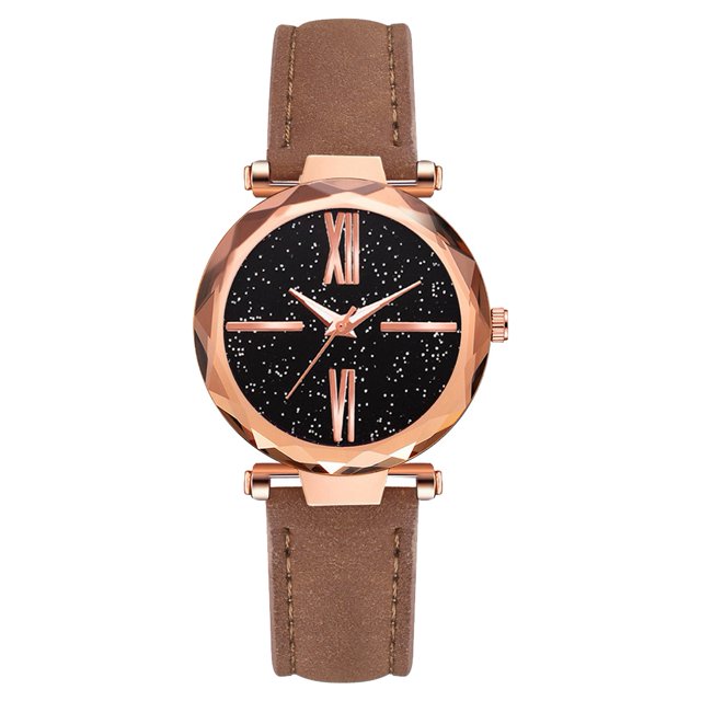 Reloj de pulsera de cuarzo romano con correa de PU de aleación de mujer con esfera de cielo estrellado de moda (marrón)