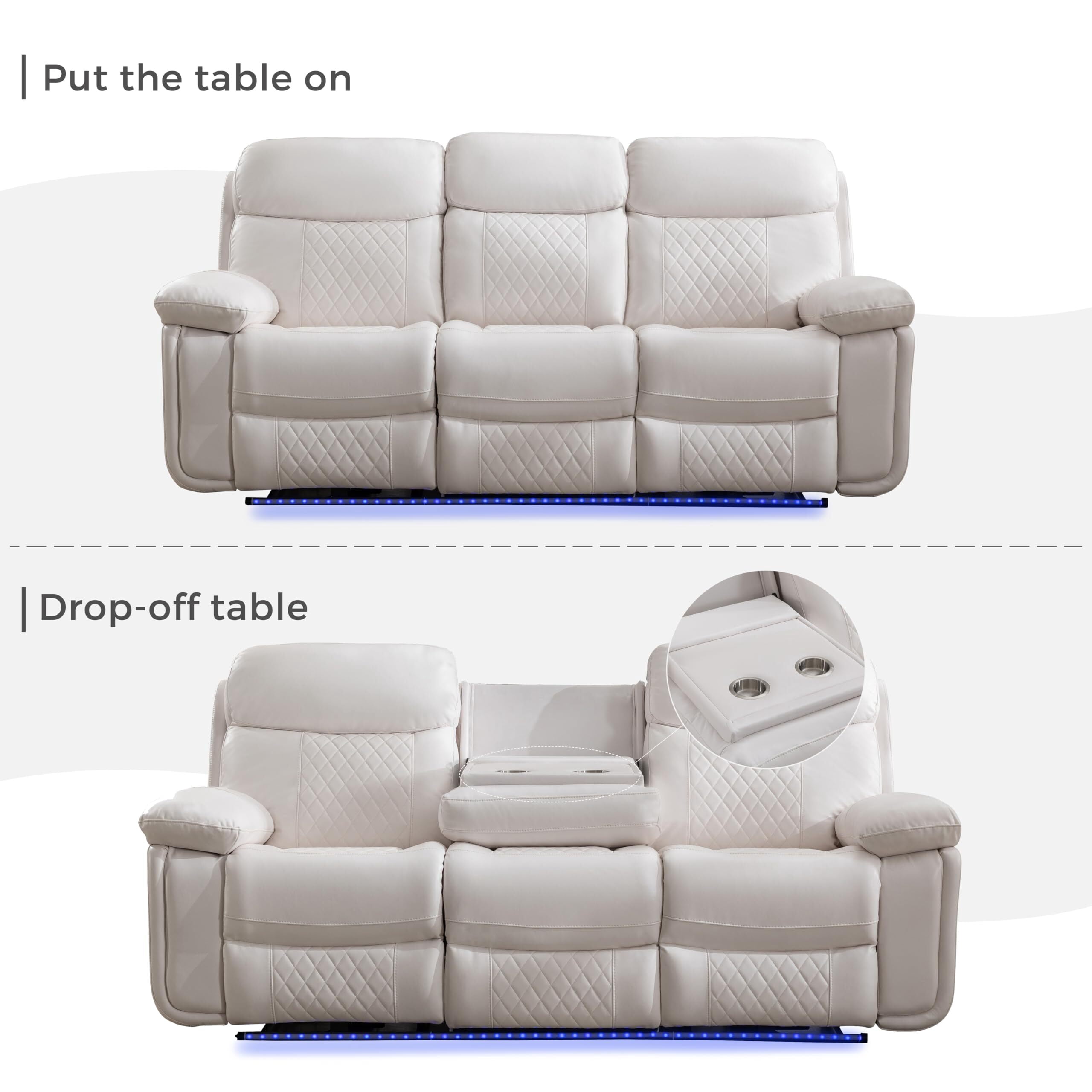 Comfort Stretch 3 Seater Power Recliner Chair Sofa Set for Living Room,Faux Leather Electric White Home Theater Seating Reclining Sofa Couch with Flipped Middle Backrest,LED Light,USB Port,Cup Holders