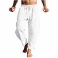 thumbnail image 3 of Men Loose Casual Drawstring Waist Pants, Trousers, Joggers With Pockets Elastic Waist Breathable Lightweight Quick Dry For Beach Hiking Workout Summer Daily Cotton Linen Blend, 3 of 7