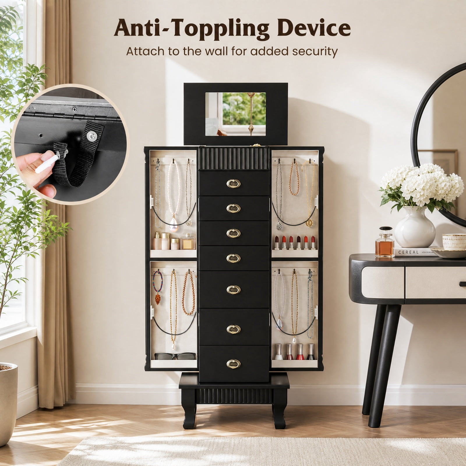Furnibear Wooden Jewelry Armoire Cabinet Storage Chest with Drawers and Swing Doors for Bedroom Dressing Room Jewelry Necklace Rings Storage, Black