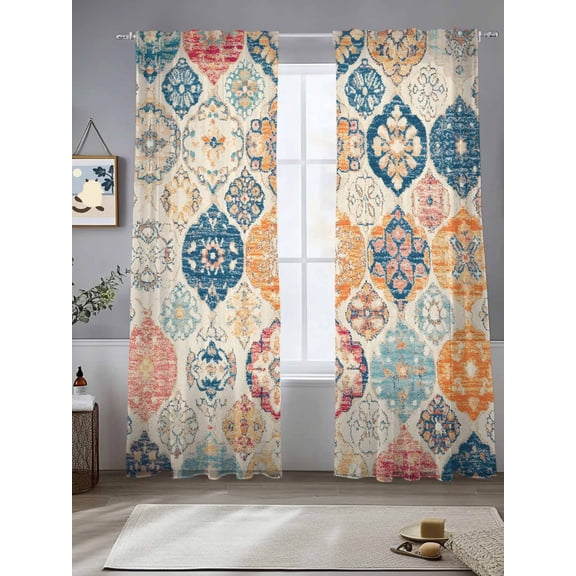 Bohemian Texture Sheer Curtains 2 Panels Set, 52" W x 84" L Vintage Orange Blue Morocco Pattern Light Filtering Rod Pocket Voile Drapes, Window Sheer Curtains for Living Room/Bedroom