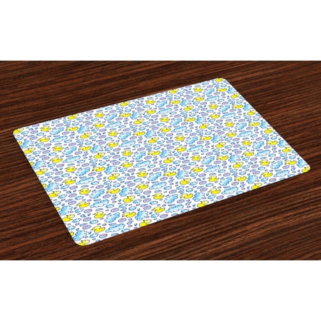 

Ambesonne Cartoon Place Mats Set of 4 Watercolor Bubbles Ducks Standard Size Yellow Lilac and Blue