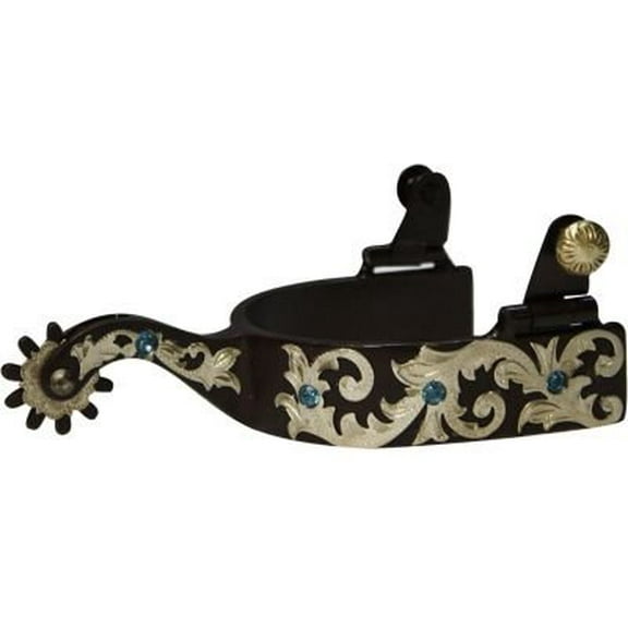 Showman Brown Steel Spurs w/ Engraved Silver Scrolling & Rhinestones (Blue)