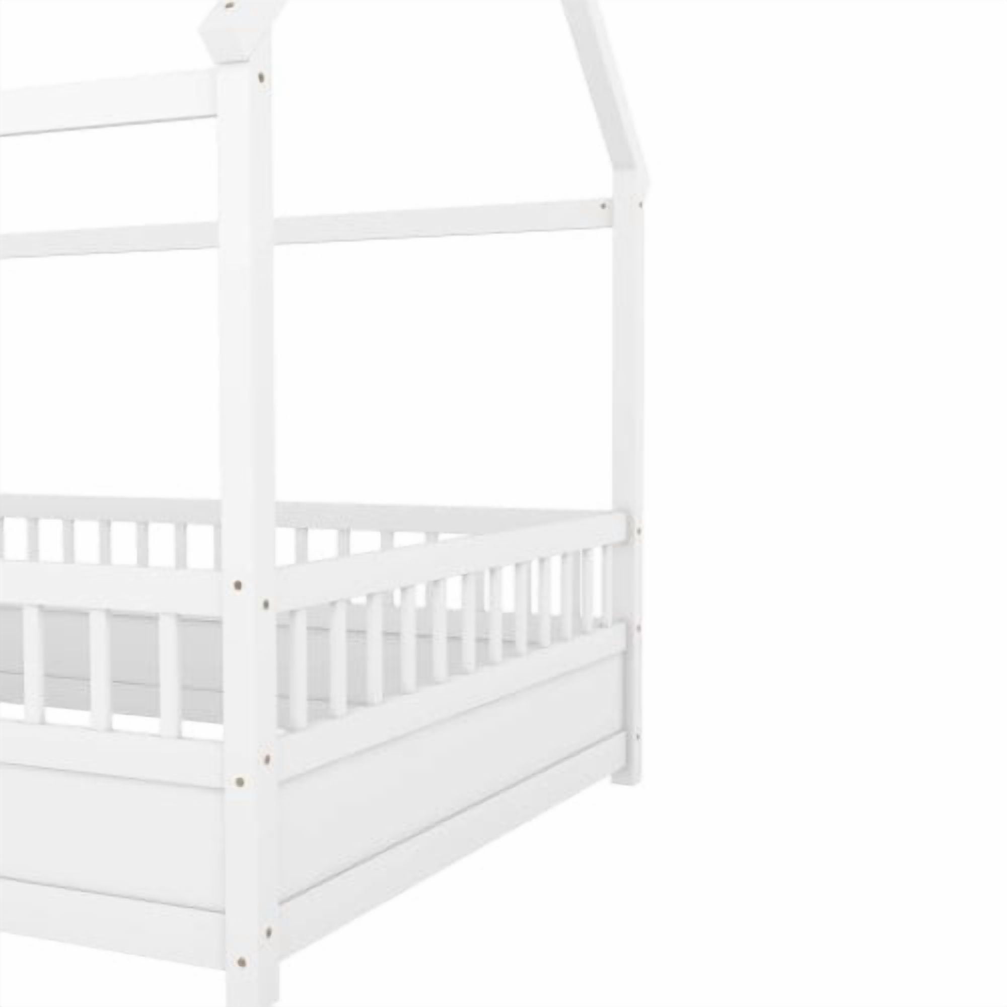 Bellemave Full Size House Floor Bed, Wood Full House Bed with Fence, Safe Playhouse Montessori Floor Bed, White