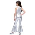 thumbnail image 2 of TiaoBug Girls Jumpsuit Shiny Metallic Disco Outfits 70s Retro Hippie Style Sleeveless Flared Pants Rompers Silver 12, 2 of 5