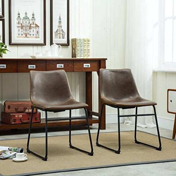 BIGTO Apartment Mid Century Dining Chair of 2, High-end Faux Leather & Metal Kitchen Seat Brown 18.5" x 22.25" x 31.5"Dining Furniture