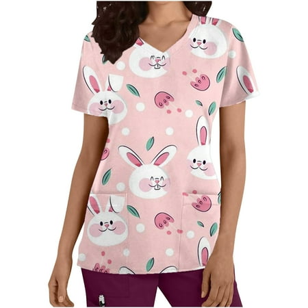 

PEZHADA Easter Scrubs Tops for Women Fashion Nursing Uniform Casual Ladies Breathable Workout Working Clothing Bunny Rabbit Eggs Printed V Neck Short Sleeve T-Shirts Tee With Pocket Pink L