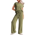 thumbnail image 2 of Women'S Two-Piece Casual Ribbed Knit Short-Sleeved Top, Wide-Leg Pants, Home Wear, Travel Sportswear Army Green M, 2 of 9