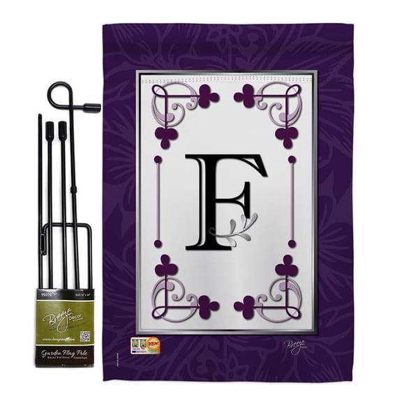 Breeze Decor BD-SB-GS-130006-IP-BO-D-US09-BD 13 x 18.5 in. Classic F Initial Interests Simply Beauty Impressions Decorative Vertical Double Sided Garden Flag Set with Banner Pole