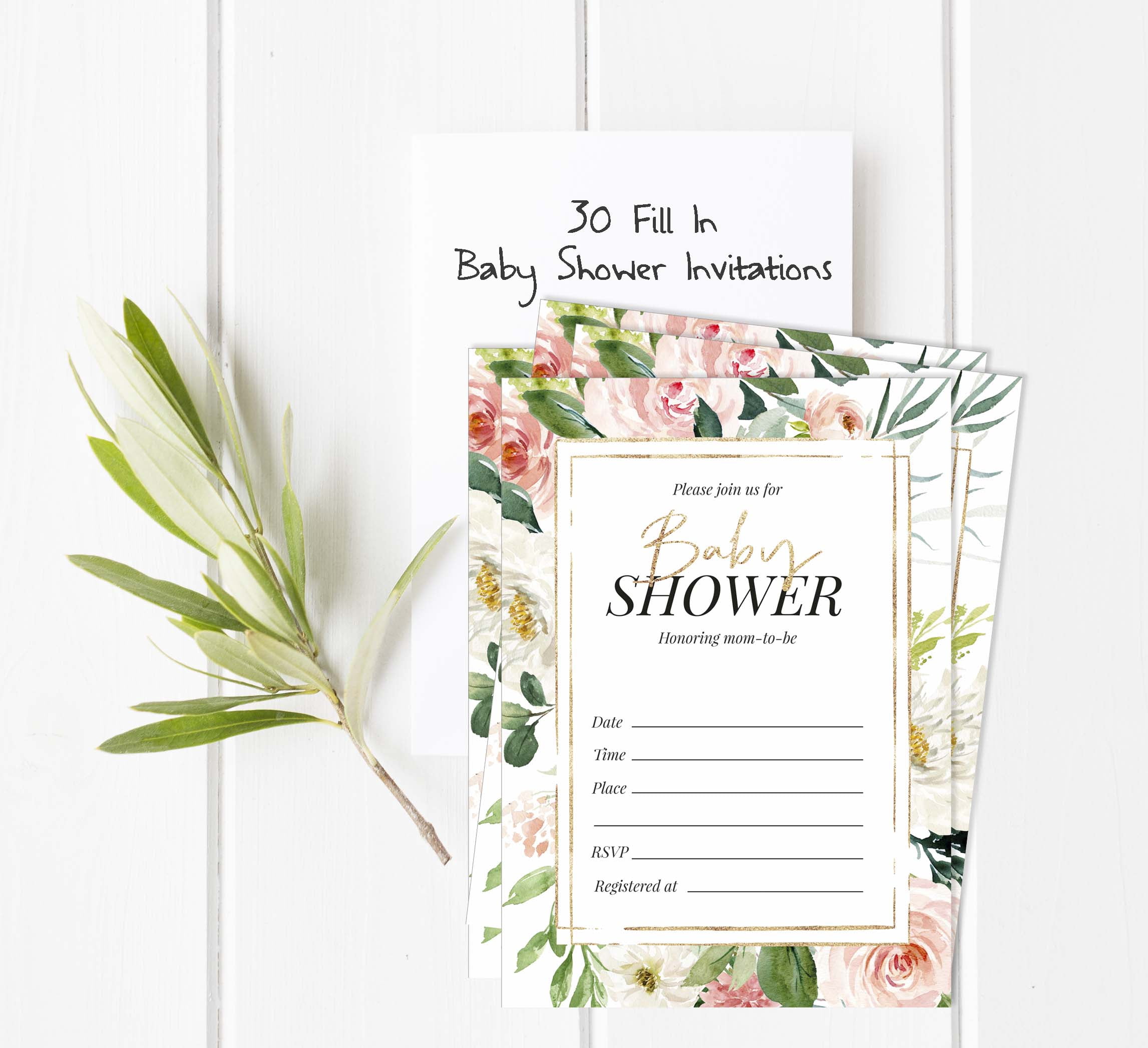 Inkdotpot 30Floral Baby Shower Invitation Cards Gender Neutral Fill In Blank Invites