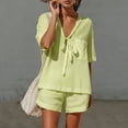thumbnail image 6 of Xdegoge Linen Sets for Women 2 Piece V Neck Short Sleeve Matching Set Tie Front Tops and Shorts with Pockets Fashion Loose Comfortable Casual Breathable Outfits, 6 of 9
