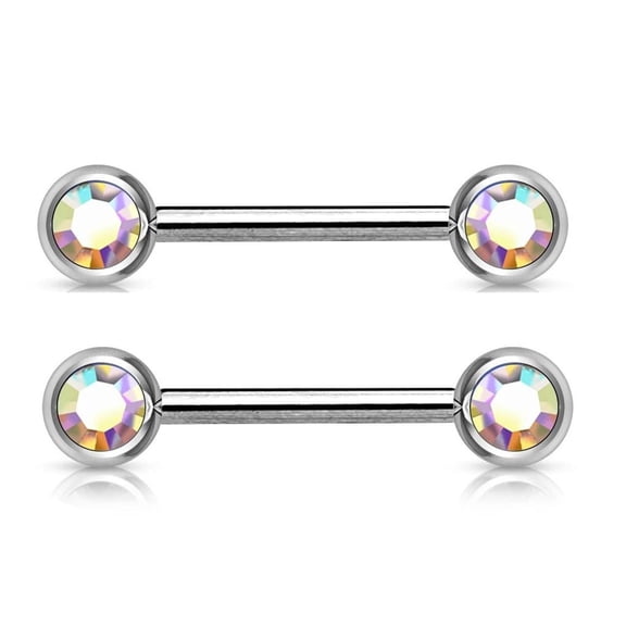 2PCS 14G Nipple Rings CZ Aurora Crystal Front Facing AB Gems Nipple Barbell Piercing Bars Jewelry12mm 1/2 Inch