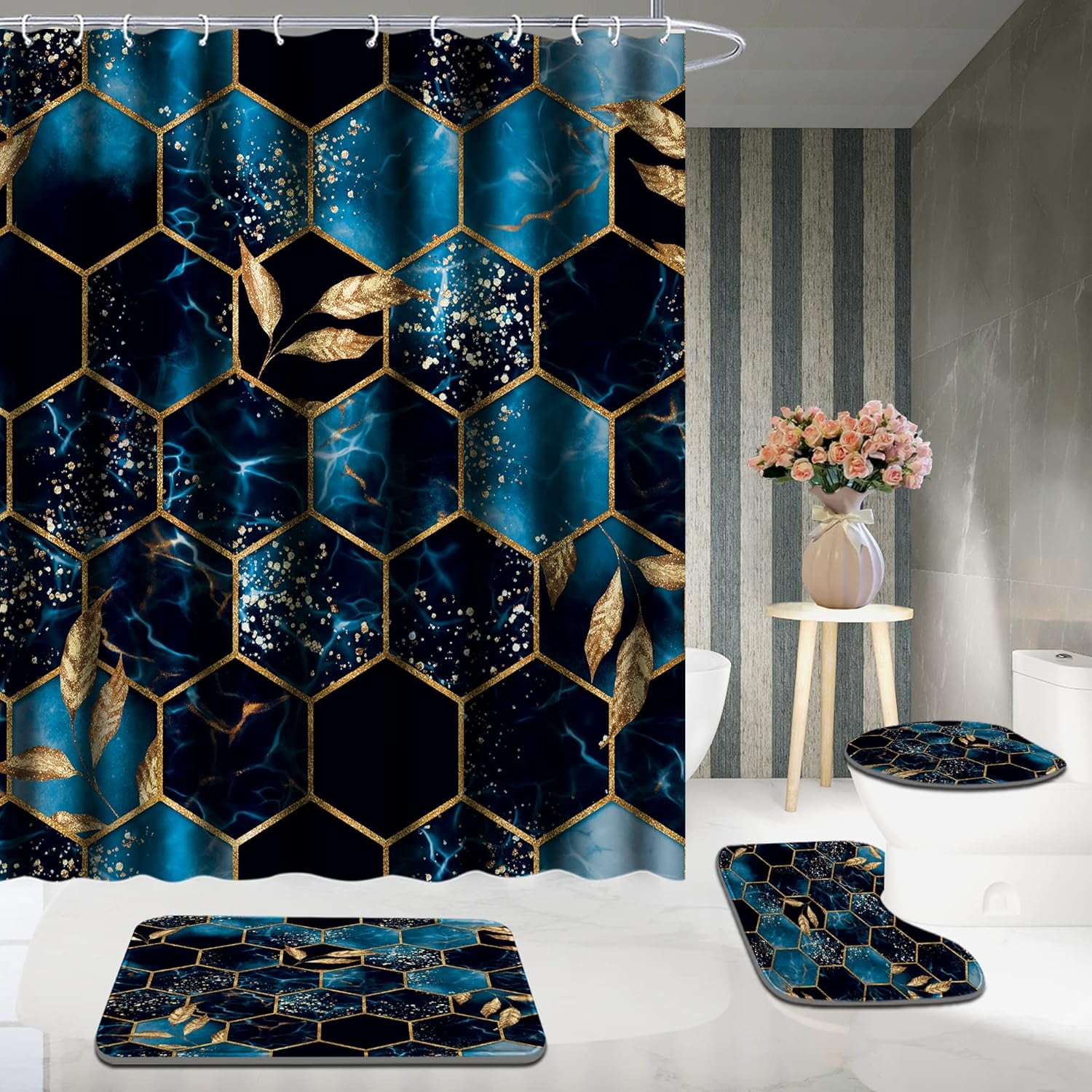 4 Pcs Bathroom Shower Curtain Set,Bathroom Sets with Rugs(Bath Mat,U Shape and Toilet Lid Cover Mat) and 12 Hooks,Sky Blue Honeycomb Marble