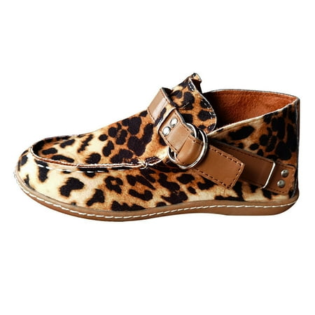 

Christmas Gifts Hvyes Women s Fashion Flat Leopard Casual Buckle Strap Flock Round Toe Boots Shoes