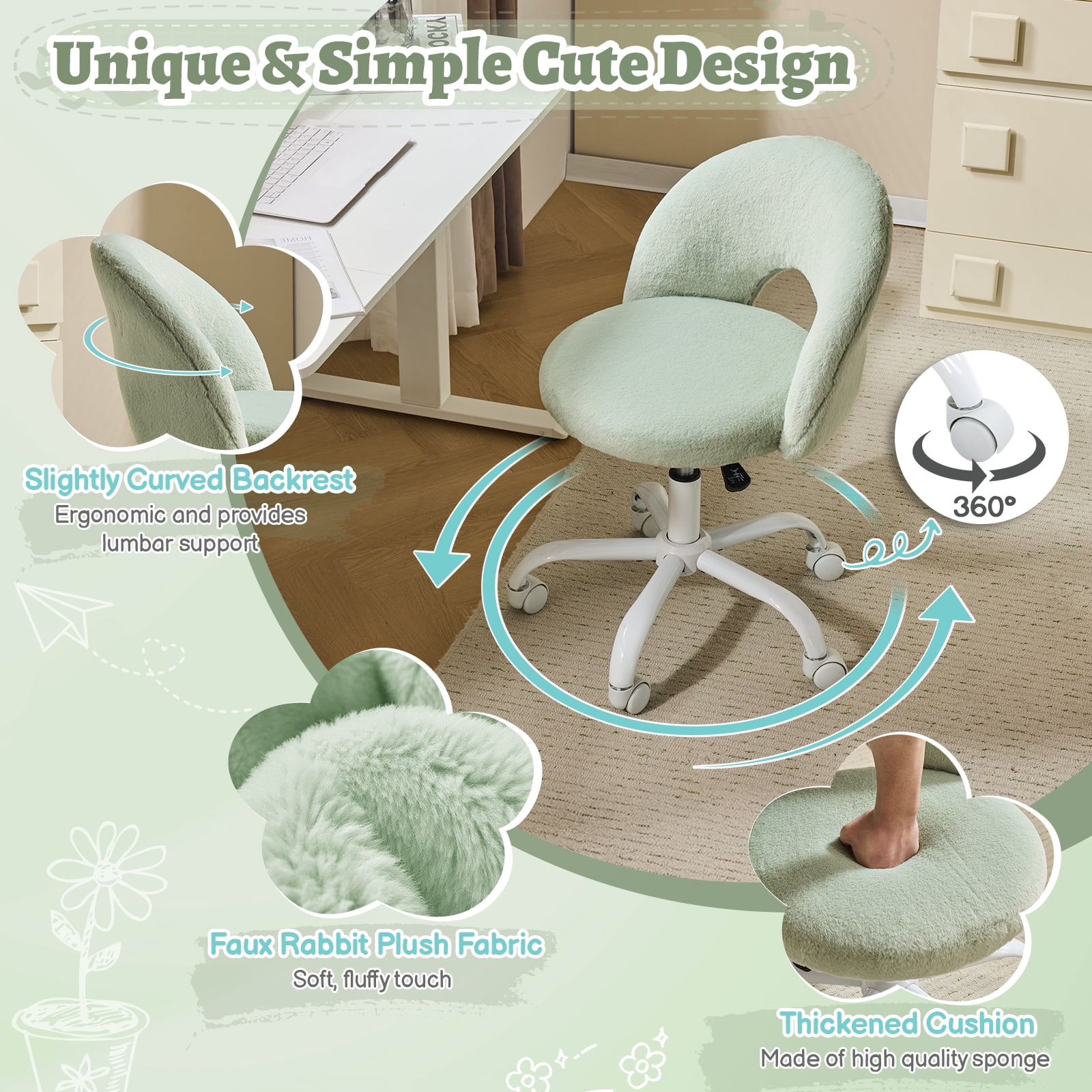 Ktaxon Vanity Makeup Chair Comfy Cute Accent Chair Small Swivel Task Office Chair with Wheels Faux Rabbit Hair Green
