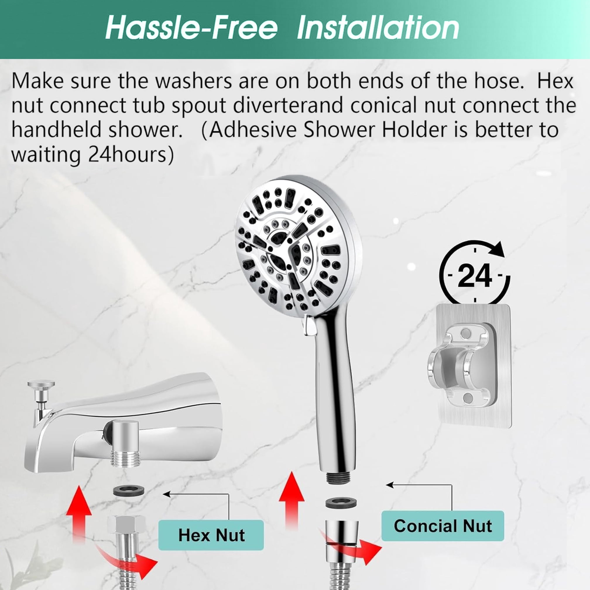FETERVIC Bathtub Faucet with Sprayer, Slip-on Tub Spout, High Pressure Handheld Shower Head 10 Spray Settings with Diverter