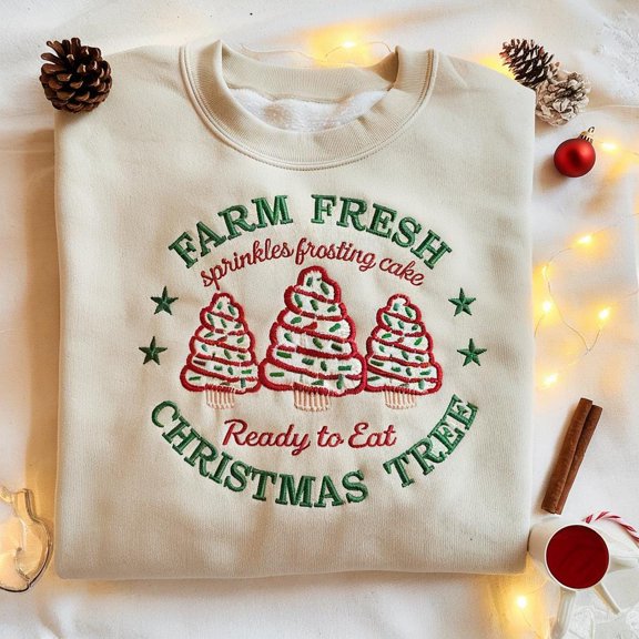 Embroidered Christmas Tree Cake Sweatshirt, Farm Fresh Crewneck