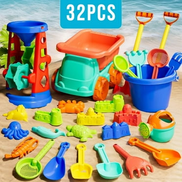 FVLOENG Beach Toy 32 Piece Sand Bucket Toys Shovels Set,Beach Essentials Sandbox Mesh Bag,with Sifter,Includes Water Wheel Beach Tool Watering Can,Rake Molds,for Travel,baby Kids Toddlers Age 3-10