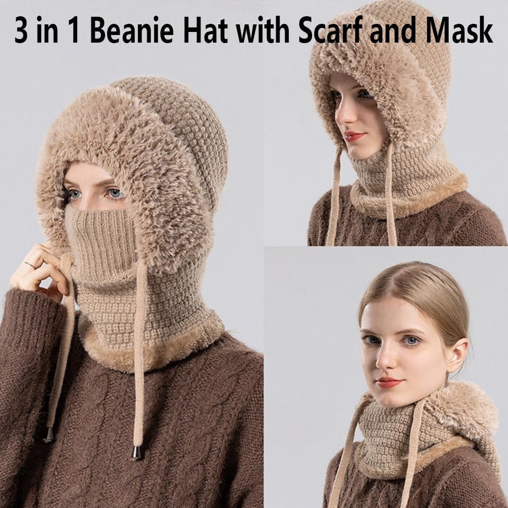 3 in 1 Beanie Hat for Women,Womens Balaclava Winter,with Scarf and Mask,Womens Knit Beanie Hat Fleece Lined Winter Scarf Mask Set Snow Caps